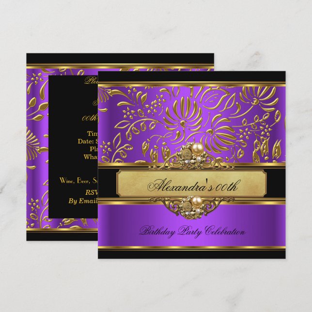 Invitation Élégant Purple Gold Damask Pearl Party (Devant / Derrière)