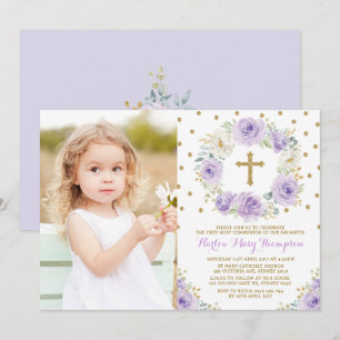 Invitation Élégant Purple Gold Floral First Communal Baptism