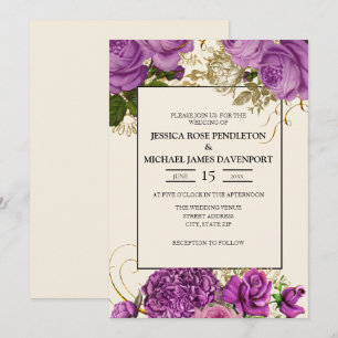 Invitation Elégant Purple Gold Floral Ivory Wedding Invitatio