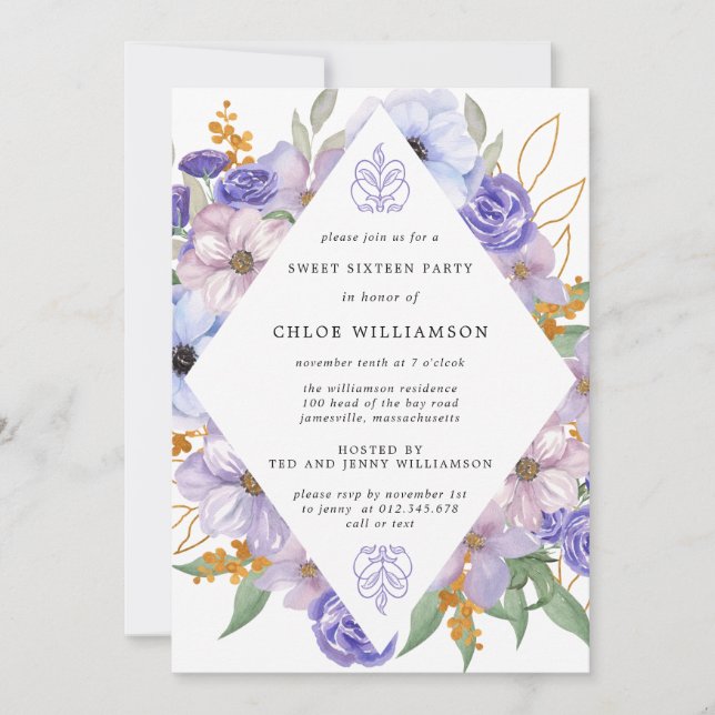 Invitation Élégant Purple Gold Floral Sweet sixteen Party (Devant)