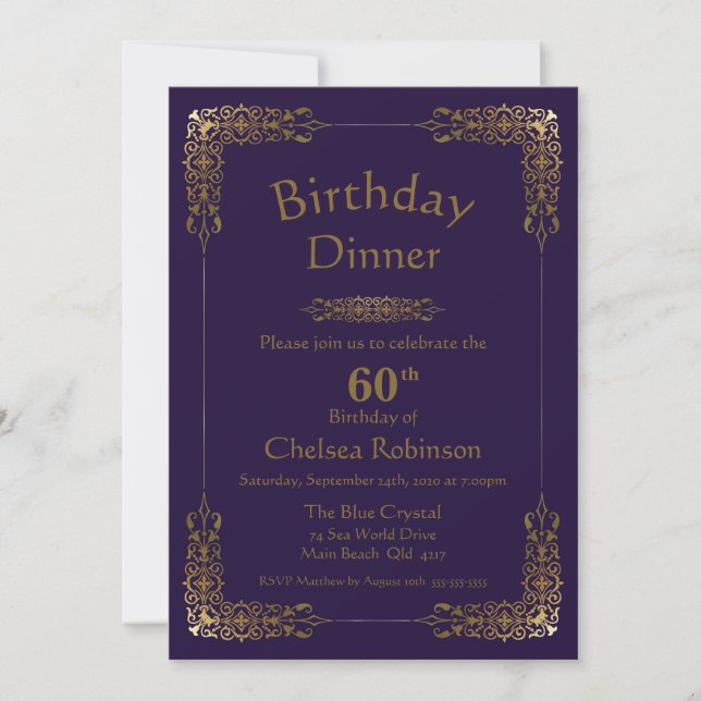 Invitation Elégant Purple Gold Lace 60e Anniversaire Dîner (Devant)