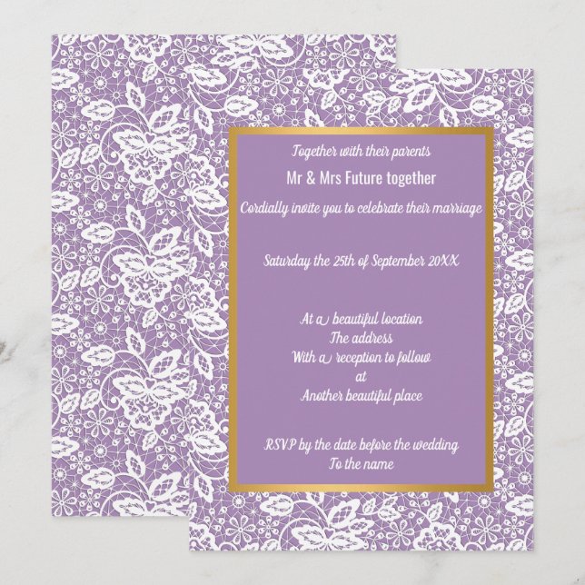 INVITATION ÉLÉGANT PURPLE GOLD LACE MARIAGE (Devant / Derrière)