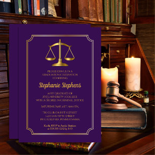 Invitation Élégant Purple Gold Law Procureur Parti de Graduat