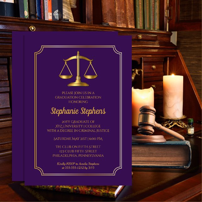Invitation Élégant Purple Gold Law Procureur Parti de Graduat (Elegant Purple and Gold Tone Law Attorney Lawyer Graduation Announcement | Party Invitation)