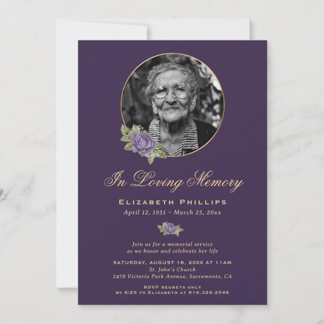 Invitation Elégant Purple Gold Memorial Service Photo (Devant)