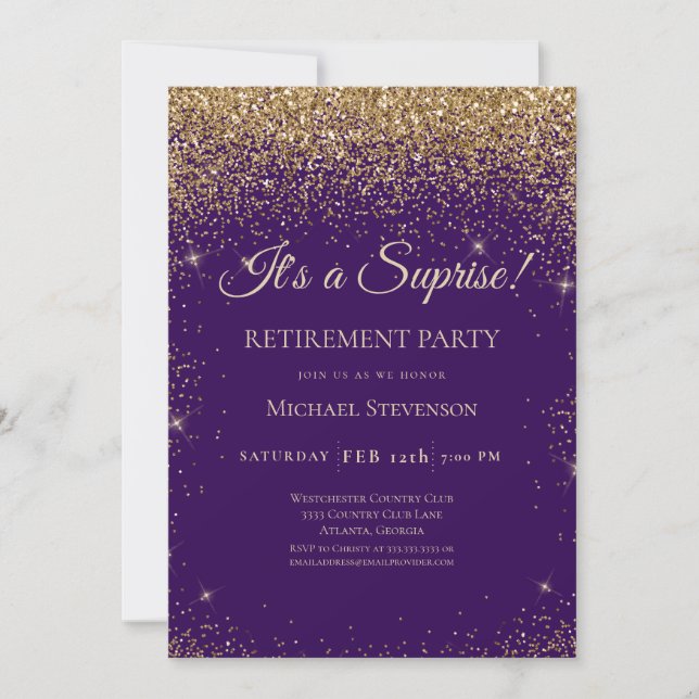 Invitation Élégant Purple Gold Surprise Parti de retraite (Devant)