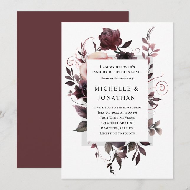 Invitation Élégant Purple Grey Floral Bible Mariage chrétien (Devant / Derrière)