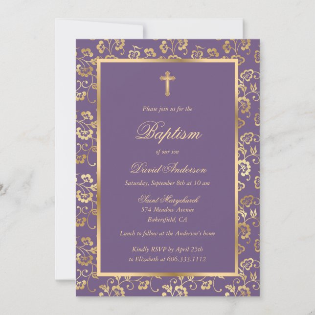 Invitation Élégant Purple Or Floral Boy Baptême (Devant)