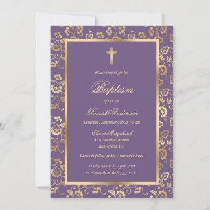 Invitation Élégant Purple Or Floral Boy Baptême