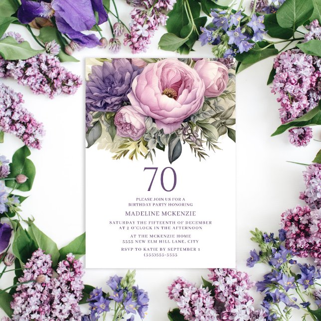 Invitation Élégant Purple Rose Floral 70e anniversaire (Purple floral and greenery botanical 70th birthday party invitation for women.)