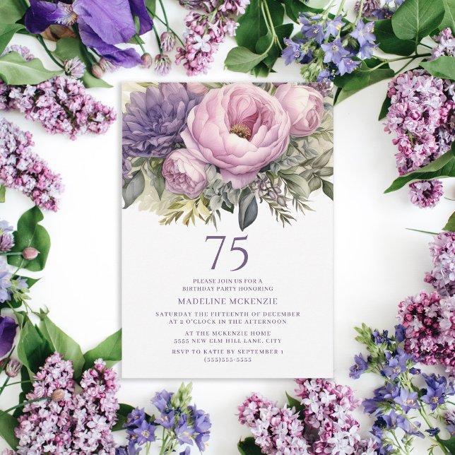 Invitation Élégant Purple Rose Floral 75e anniversaire (Elegant purple floral and greenery 75th birthday party invitation for women.)