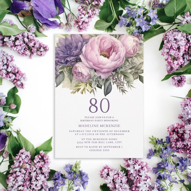 Invitation Élégant Purple Rose Floral 80e anniversaire (Elegant purple peonies botanical birthday party invitation for her.)