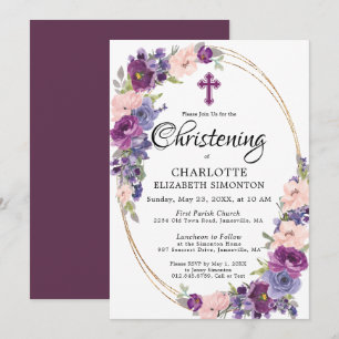 Invitation Elégant Purple Rose Floral Gold Frame Christening