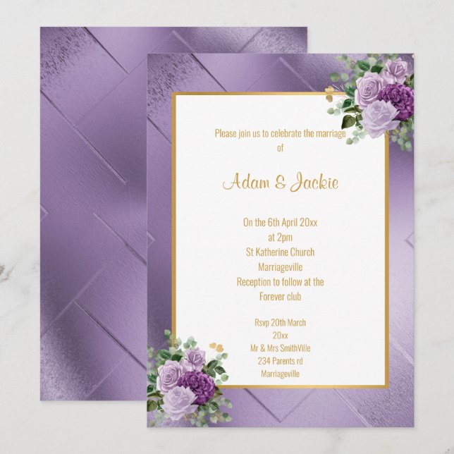 INVITATION ÉLÉGANT PURPLE ROSE MÉTALLIQUE EUCALYPTUS MARIAGE (Devant / Derrière)