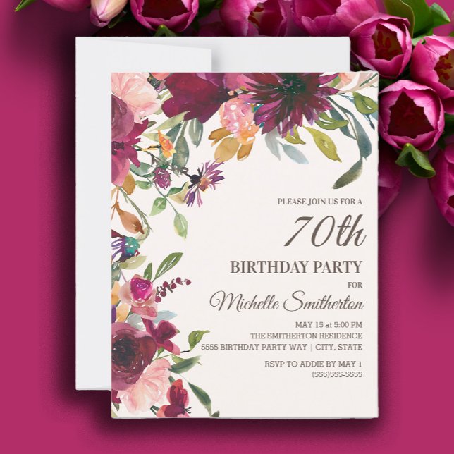 Invitation Élégant Purple Rose or Floral 70e anniversaire (Burgundy and pink watercolor floral 70th birthday party invitation)