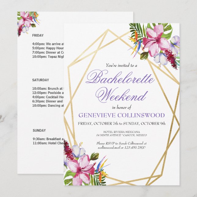 Invitation Elégant Purple Tropical Bachelorette Week-end (Devant / Derrière)