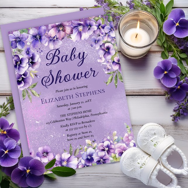 Invitation Elegant Purple Violets Floral Baby Shower (Elegant Boho Purple Violets Lavender Floral Baby Shower Invitation - Print | Digital Download)