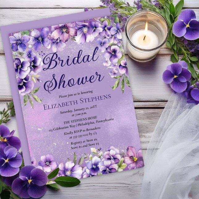 Invitation Elegant Purple Violets Floral Bridal Shower (Elegant Boho Purple Violets Lavender Floral Bridal Shower Invitations - Print | Digital Download)