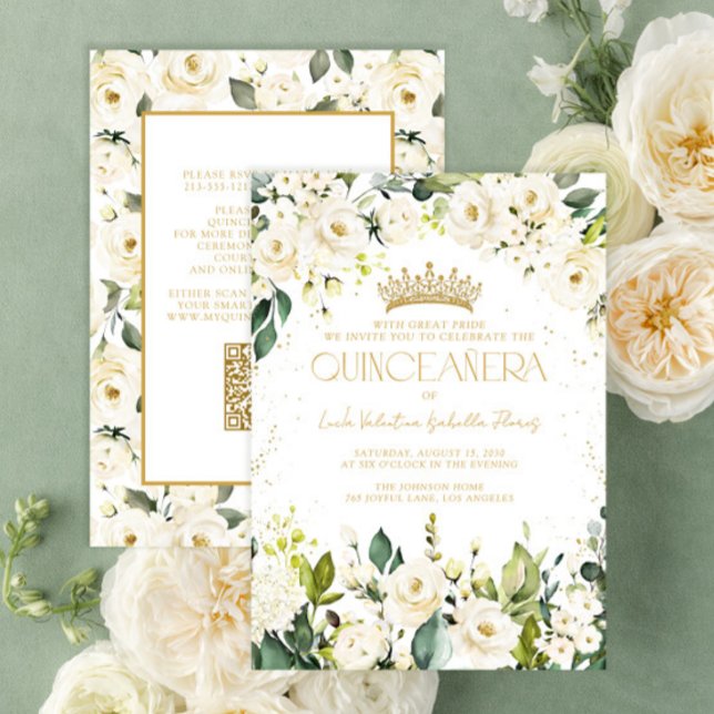 Invitation Elégant QR Blanc Or Floral Quinceañera (Créateur téléchargé)