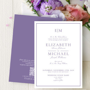 Invitation Élégant QR Code Lavender Classic Monogram Mariage