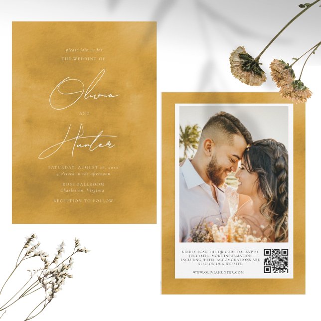 Invitation Elégant QR Code Mustard Yellow Mariage (Créateur téléchargé)