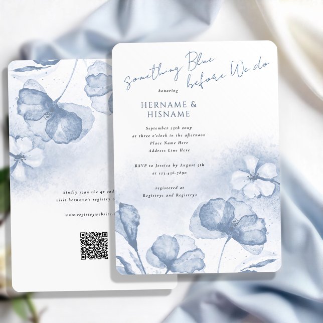 Invitation Élégant quelque chose Blue Floral QR Fête des mari (Créateur téléchargé)