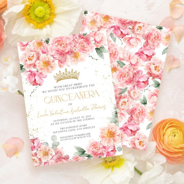 Invitation Élégant Quinceañera rose Floral Or (Créateur téléchargé)
