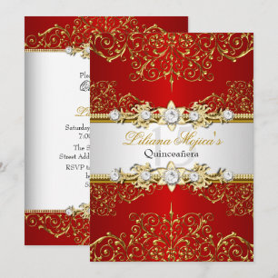 Invitation Élégant Quinceanera Rouge Or Glamour Vintage