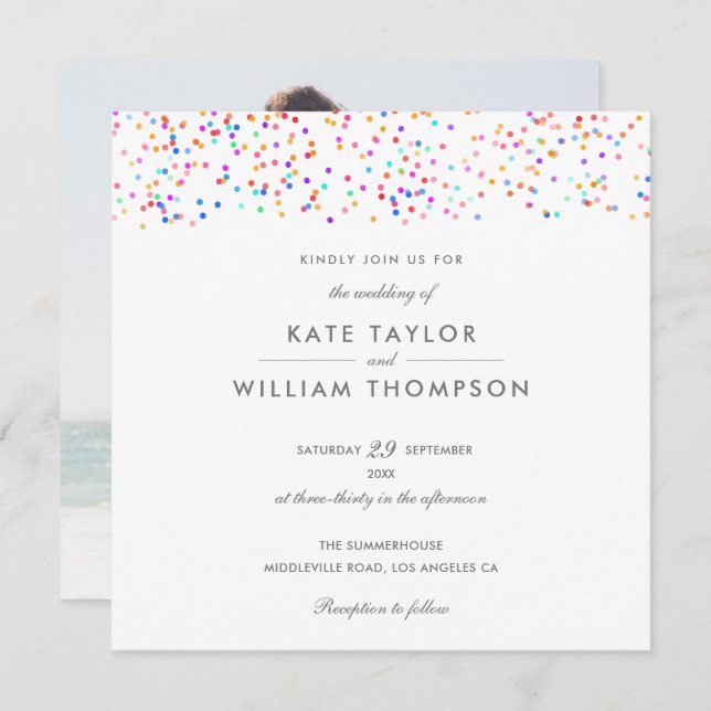 Invitation Elégant Rainbow Confetti Mariage photo (Devant / Derrière)