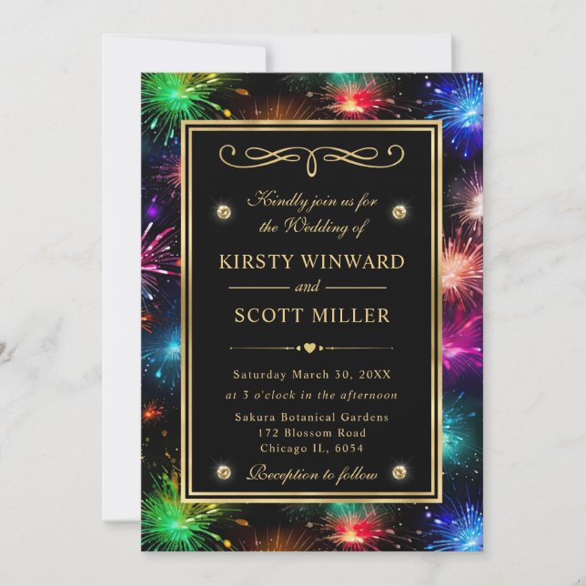 Invitation Elégant Rainbow Fireworks Gold Frame Mariage (Devant)