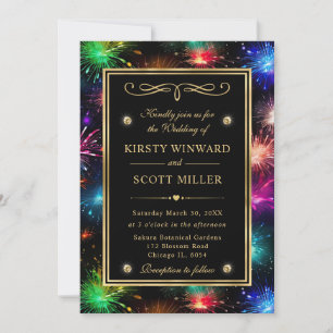 Invitation Elégant Rainbow Fireworks Gold Frame Mariage