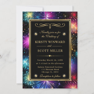 Invitation Elégant Rainbow Fireworks Gold Frame Mariage