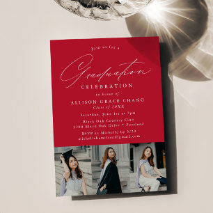 Invitation Elégant Red 3 Photo Graduation Party
