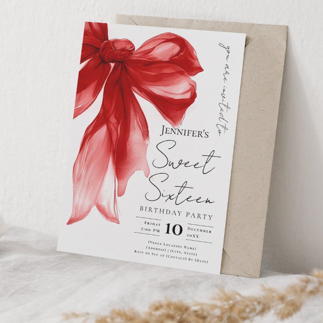 Invitation Elegant Red Bow Coquette Script Sweet 16 Party  (Elegant Red Bow Coquette Script Sweet 16 Party Invitation)