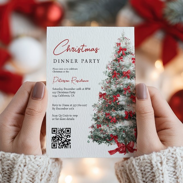 Invitation Élégant Red Bows Arbre de Noël QR Code Party (Elegant Red Bows Christmas Tree QR Code Party Invitation)