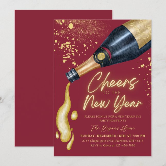 Invitation Elegant Red Cheers The To New Year Holiday Party (Devant / Derrière)