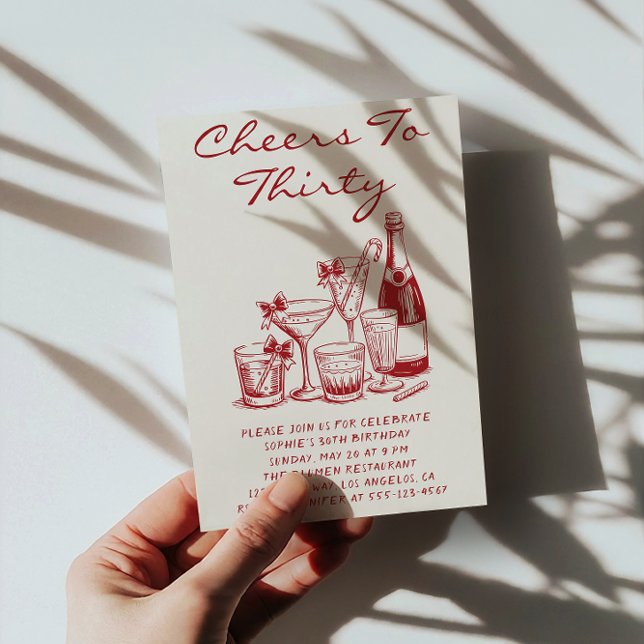 Invitation Elegant Red Cheers to Thirty Cocktail Birthday (Créateur téléchargé)