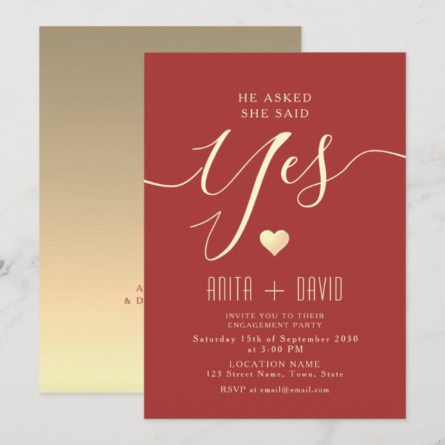 Invitation Elegant Red Engagement Party (Devant / Derrière)