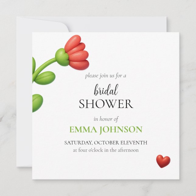 Invitation Elegant Red Flower & Heart Bridal Shower (Devant)