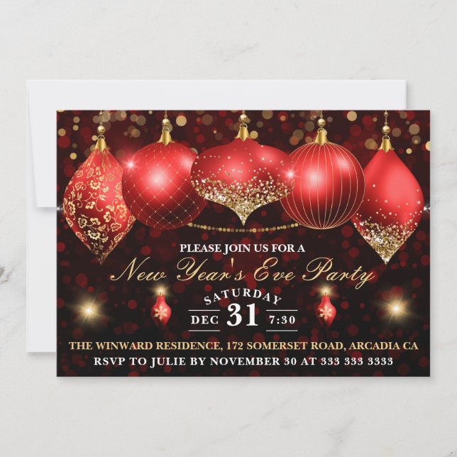 Invitation Elégant Red & Gold Baubles Réveillon du Nouvel An (Devant)