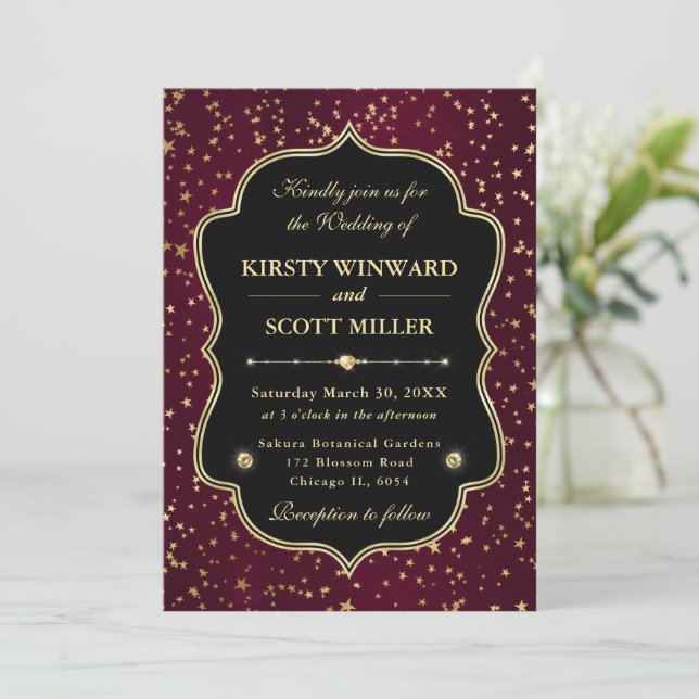 Invitation Elegant Red & Gold Celestial Starry Wedding (Debout devant)