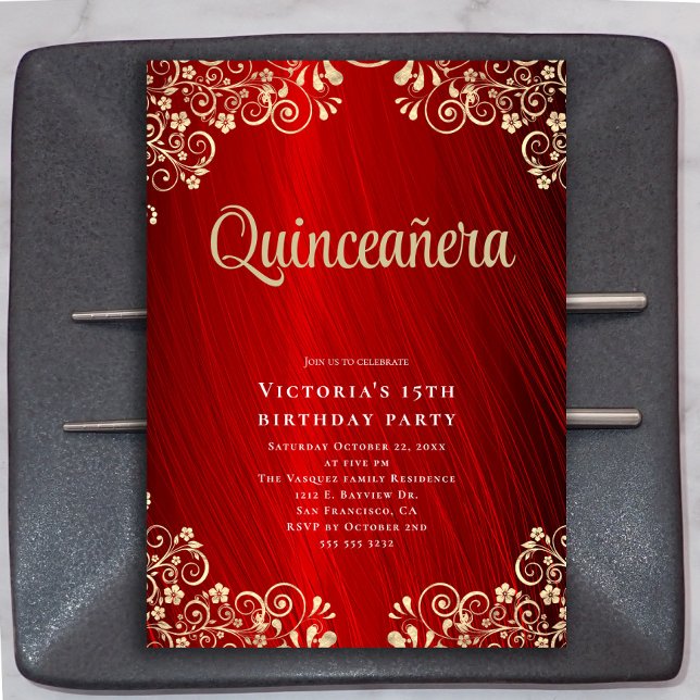 Invitation Elégant Red Gold Quinceañera 15ème anniversaire fê (Créateur téléchargé)