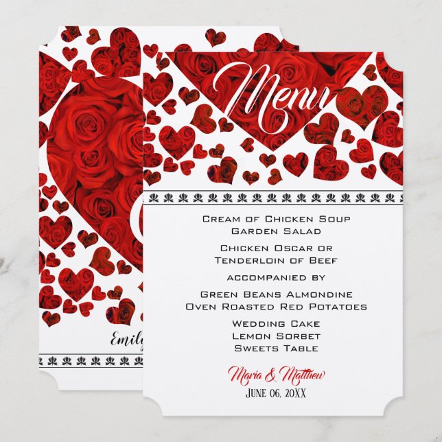Invitation Elégant Red Hearts et menu Mariage Rose (Devant / Derrière)