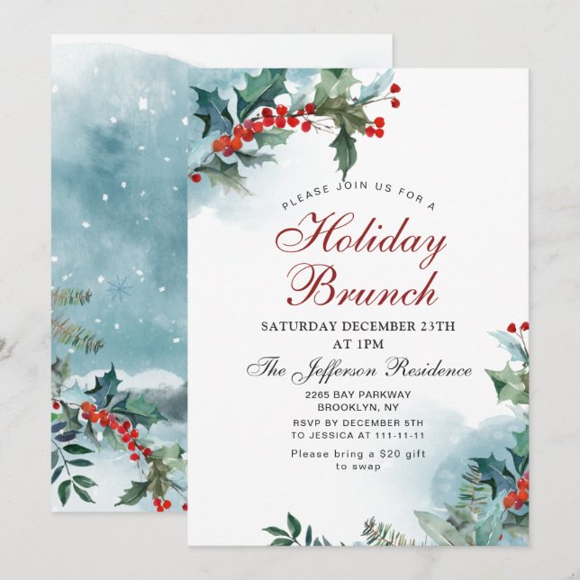 Invitation Élégant Red Holly Berry Noël Brunch de Noël (Devant / Derrière)