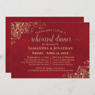 Invitation Élégant Red & Lacy Gold Mariage Répétition & Dîner