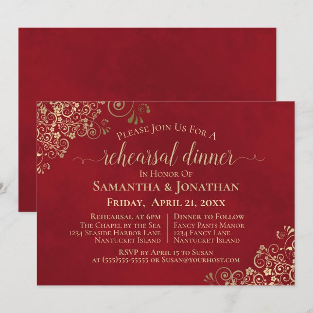 Invitation Élégant Red & Lacy Gold Mariage Répétition & Dîner (Devant / Derrière)