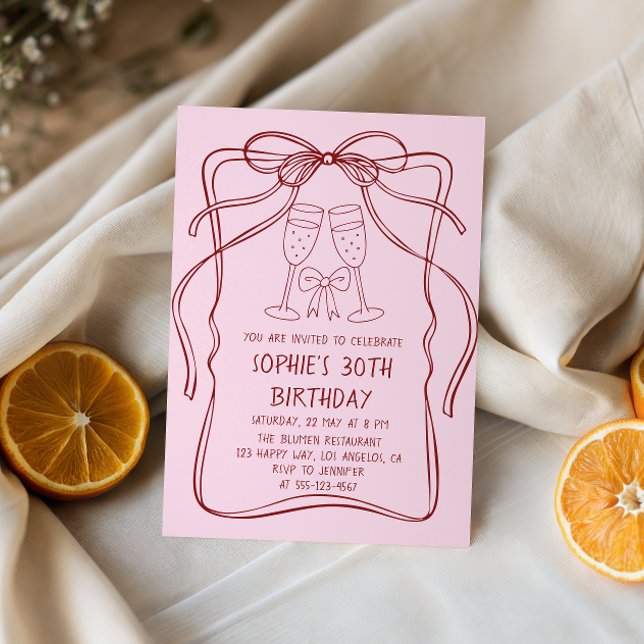 Invitation Elegant Red Line Art Bow & Champagne 30th Birthday (Créateur téléchargé)