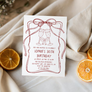 Invitation Elegant Red Line Art Bow & Champagne 30th Birthday