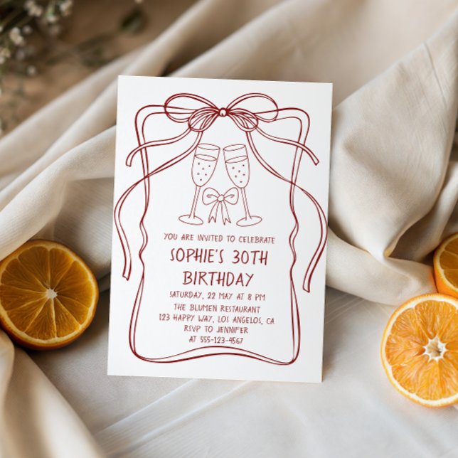 Invitation Elegant Red Line Art Bow & Champagne 30th Birthday (Créateur téléchargé)