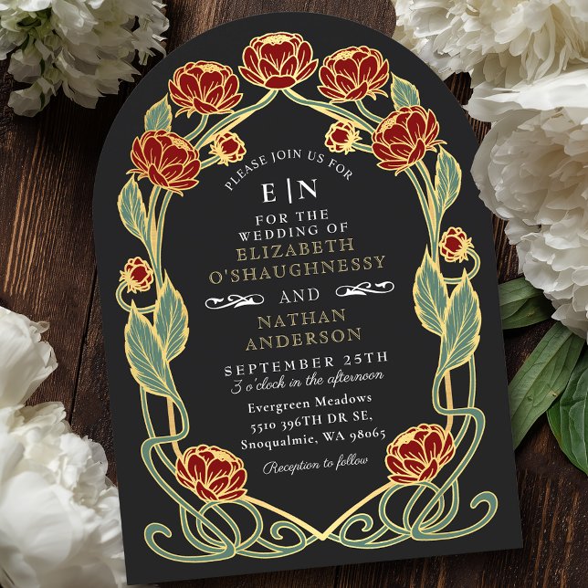 Invitation Elegant Red Peony Art Nouveau Floral Wedding (Créateur téléchargé)